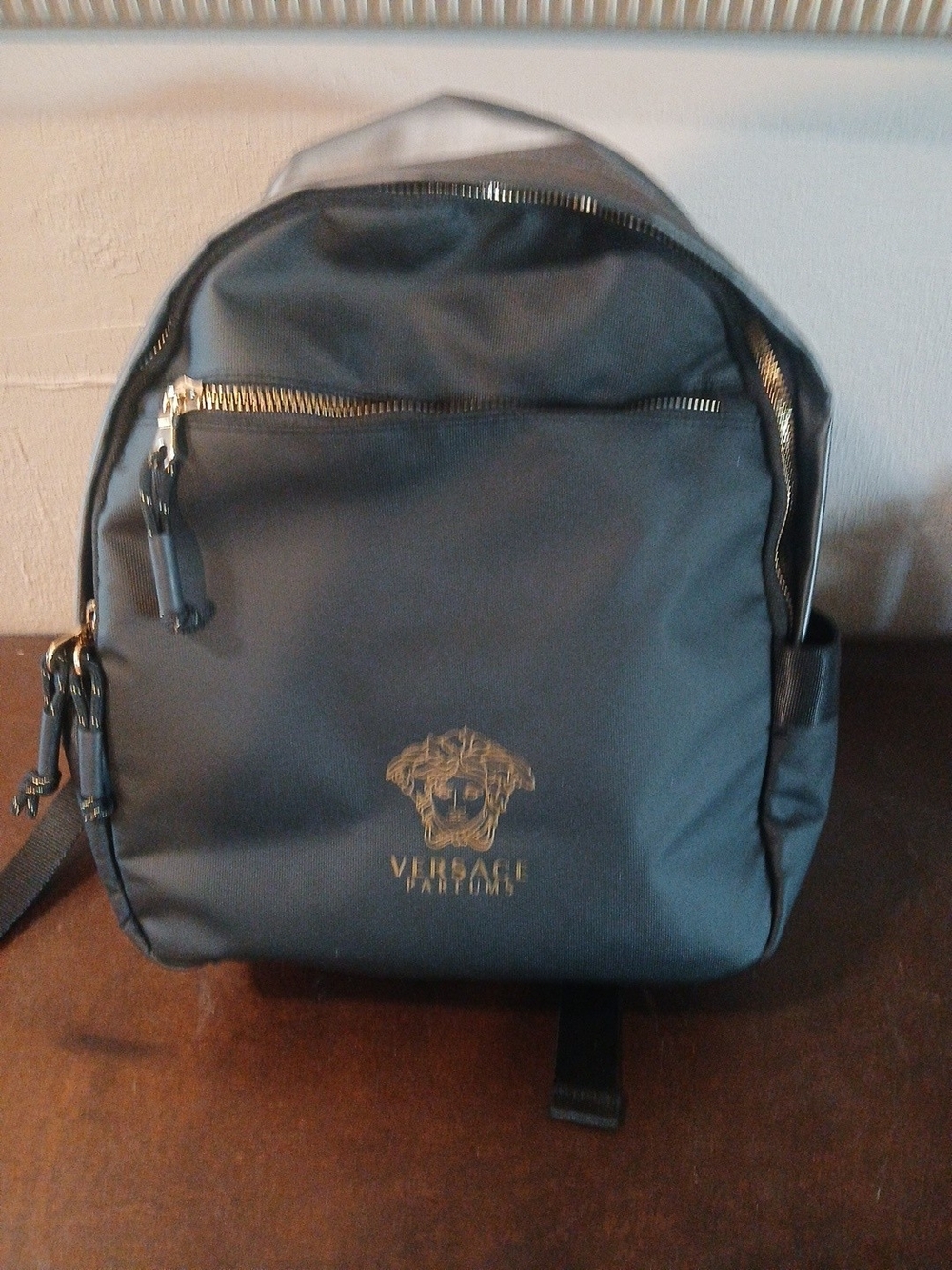 Versace Black Nylon Backpack with Gold Medusa Logo